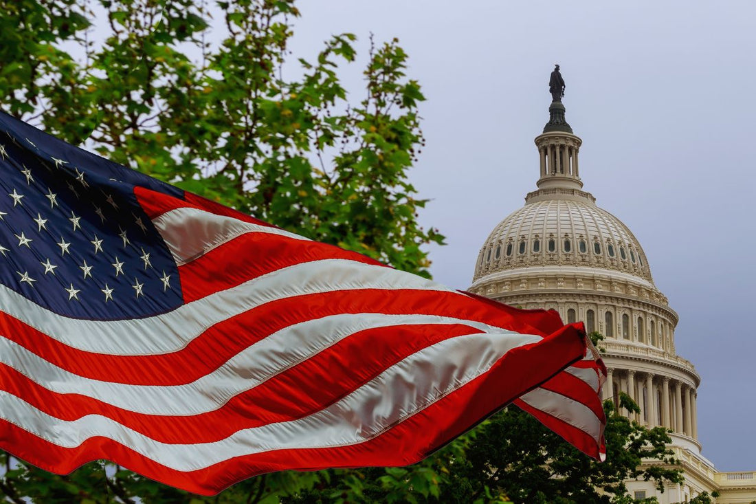 US Capitol building with a waving American flag
