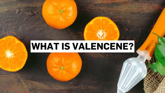 Valencia oranges with valencene on top of wooden table