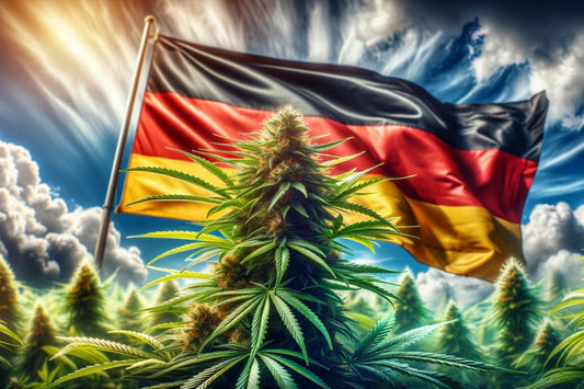 Cannabis plant in front of a waving German flag