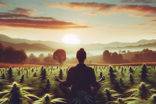 A woman meditation in a hemp field