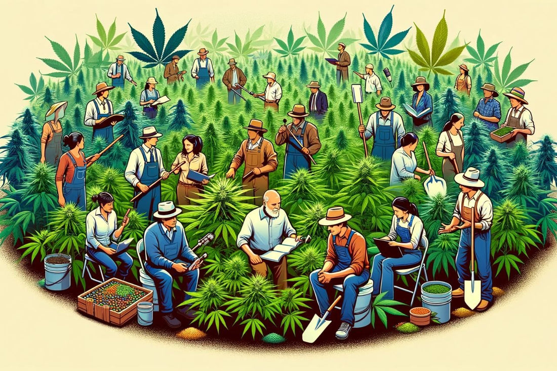 A group of people in a cannabis field