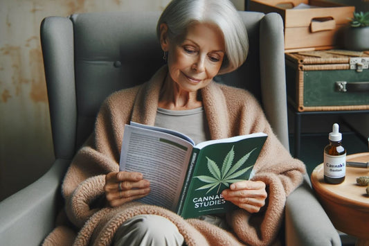 Elderly woman holding a book about cannabis