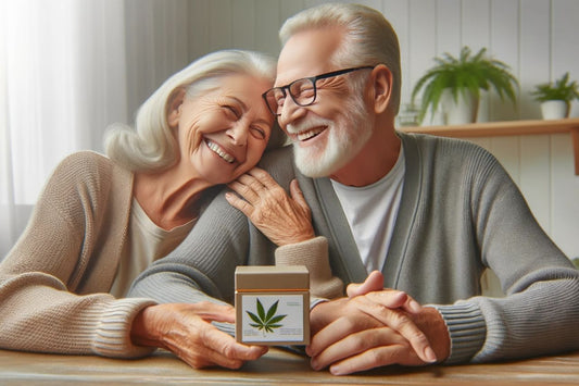 Elderly couple holding a box of cannabis