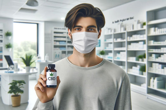 Man holding a bottle of CBD oil