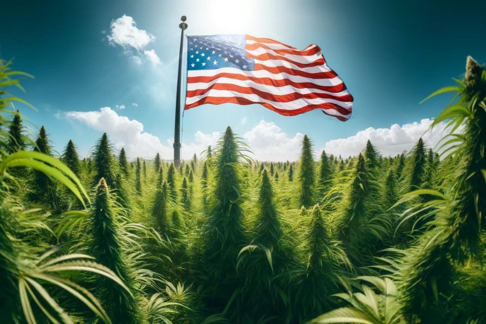 Waving American flag in a cannabis field