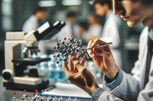 Researcher holding a 3D molecular model