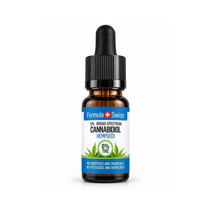 A small amber glass dropper bottle of Formula Swiss Cannabidiol Hempseed oil with a black cap and a white label featuring blue bands and green hemp leaves, centred on a white background.