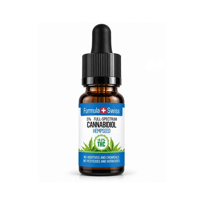 A small amber glass dropper bottle of Formula Swiss Cannabidiol Hempseed oil with a black cap and a white label featuring blue bands and green hemp leaves, centred on a white background.