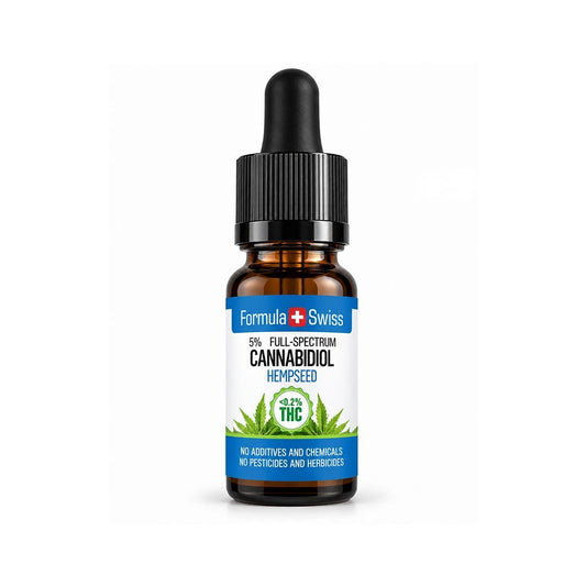 A small amber glass dropper bottle of Formula Swiss Cannabidiol Hempseed oil with a black cap and a white label featuring blue bands and green hemp leaves, centred on a white background.