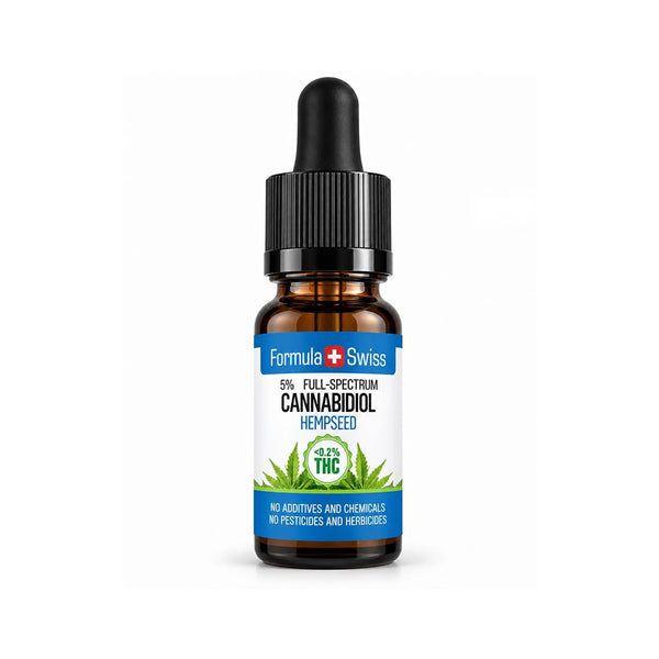 A small amber glass dropper bottle of Formula Swiss Cannabidiol Hempseed oil with a black cap and a white label featuring blue bands and green hemp leaves, centred on a white background.
