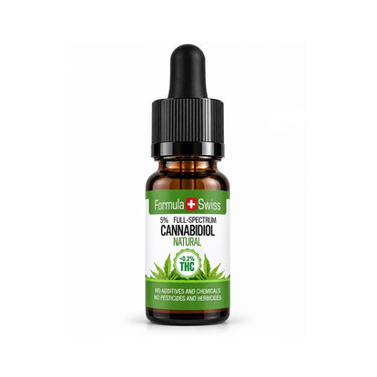 A 10 mL amber glass dropper bottle of Formula Swiss 5% Full-Spectrum Cannabidiol Natural CBD oil, featuring a black dropper cap and a white and green label with a cannabis leaf graphic, set against a plain white background.