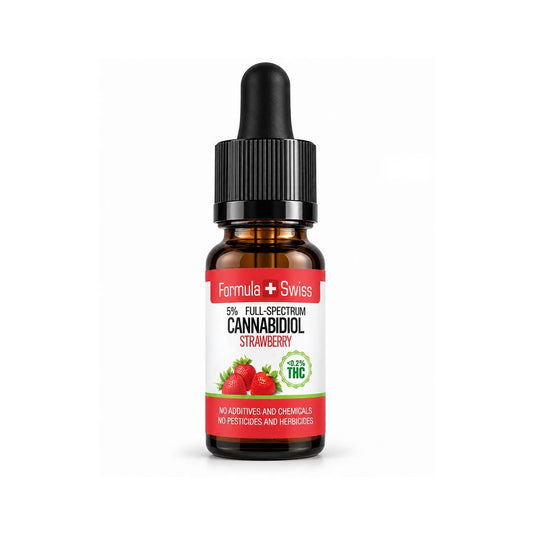 A small amber glass dropper bottle of Formula Swiss Cannabidiol Strawberry oil  <0.2% THC on a plain white background.