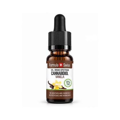 A small amber glass dropper bottle of Formula Swiss Cannabidiol Vanilla 5% broad-spectrum CBD oil, featuring a black dropper cap and a white label with vanilla flower illustrations, set against a plain white background.
