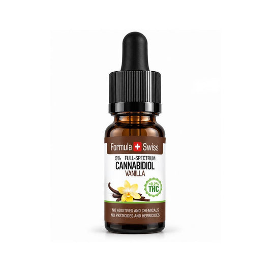 A small amber glass dropper bottle of Formula Swiss Cannabidiol Vanilla 5% full-spectrum CBD oil, featuring a black dropper cap and a white label with vanilla flower illustrations, set against a plain white background.