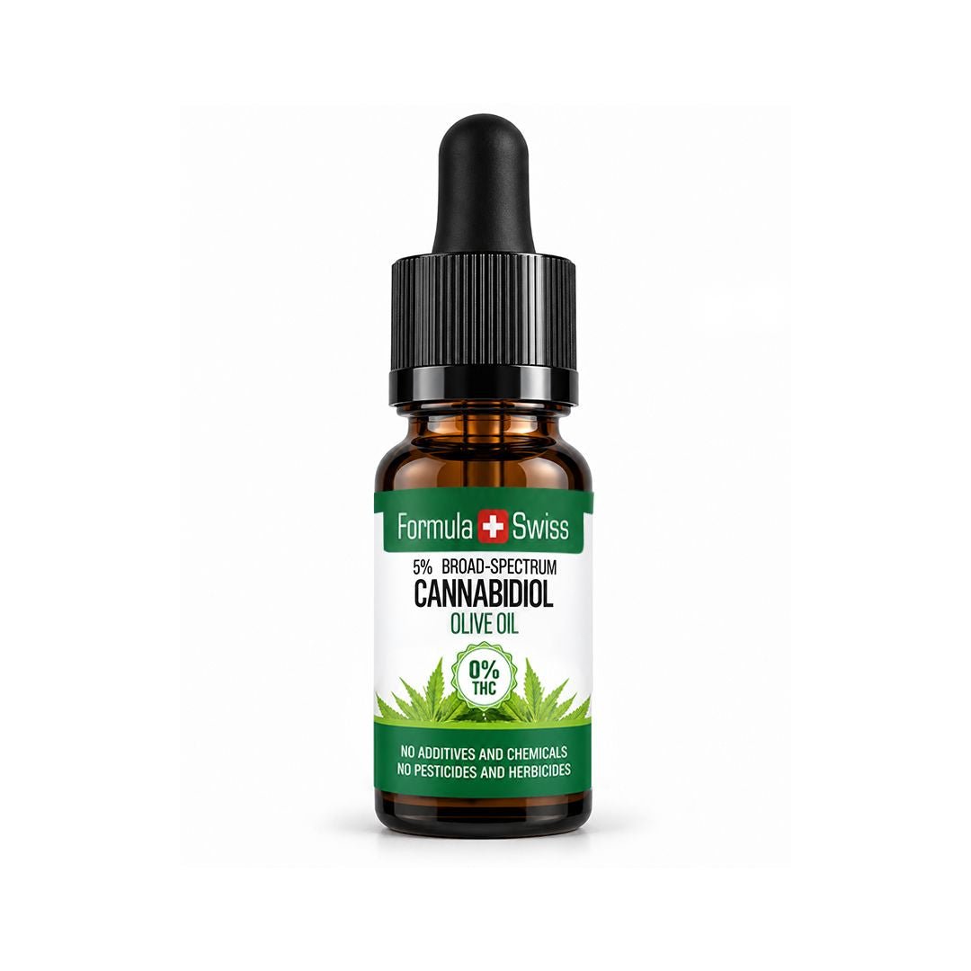 A small amber glass dropper bottle of Formula Swiss Cannabidiol Olive Oil 0% THC with a black cap and white label, centred on a light grey background.