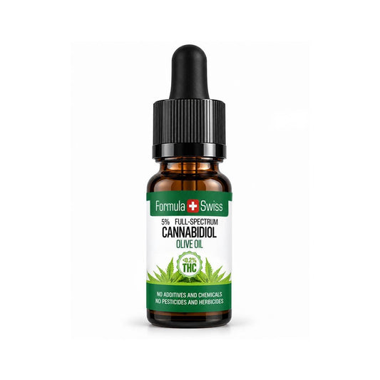 A small amber glass dropper bottle of Formula Swiss Cannabidiol Olive Oil <0.2% THC with a black cap and white label, centred on a light grey background.