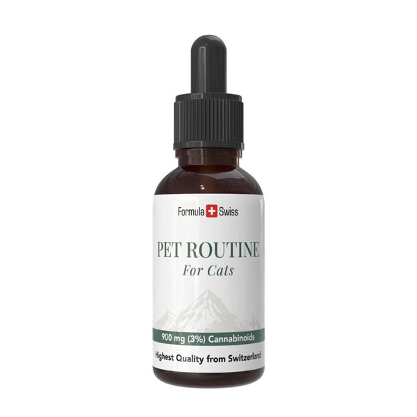 Bottle of 'Pet Routine for Cats' with Formula Swiss branding on a white background