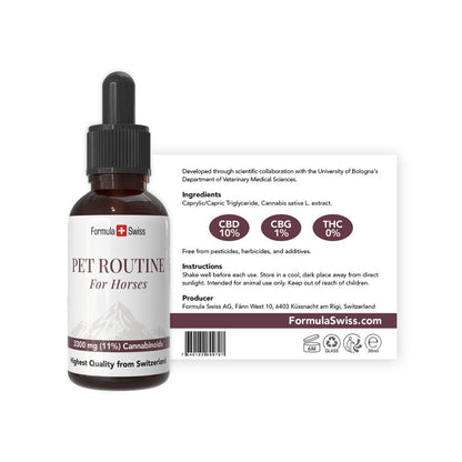 Formula Swiss Pet Routine for Horses bottle with its label and ingredient panel