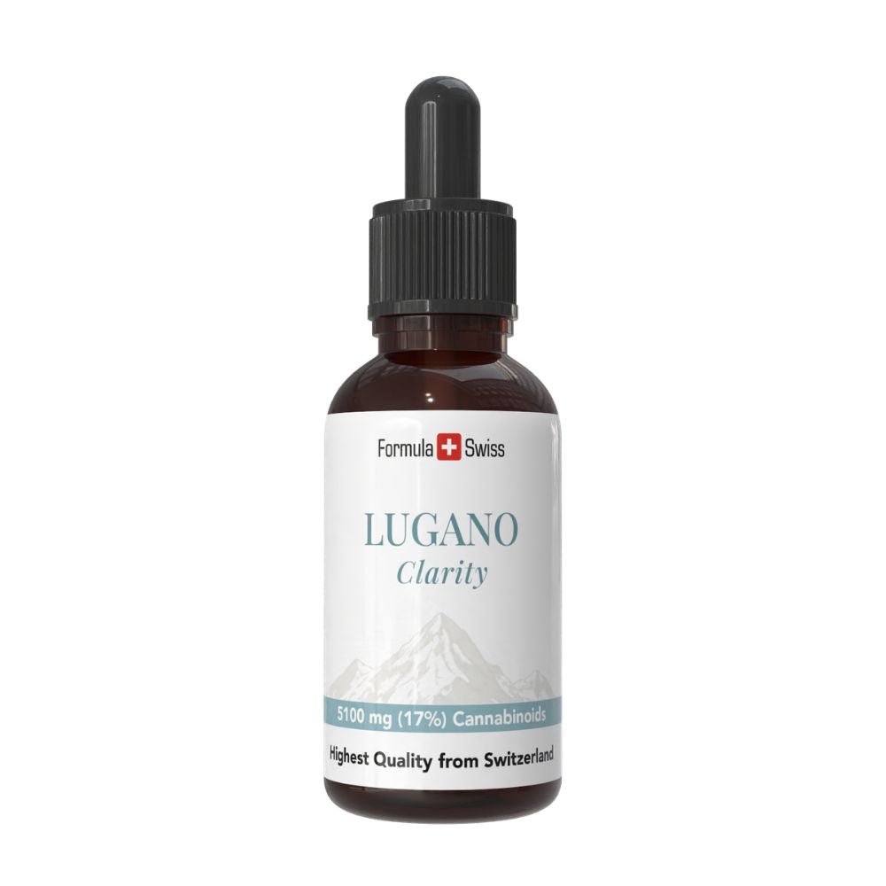 Bottle of Lugano Clarity with Formula Swiss branding on a white background