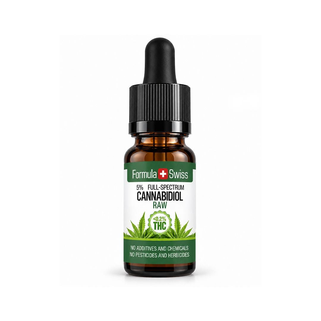A 10ml amber glass dropper bottle of Formula Swiss 5% Full-Spectrum Cannabidiol Raw CBD oil, featuring a black dropper cap and a white label with green accents and a cannabis leaf graphic.