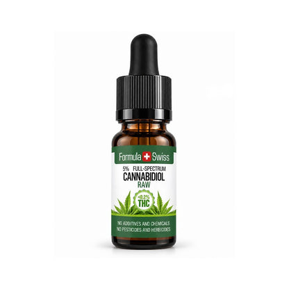 A 10ml amber glass dropper bottle of Formula Swiss 5% Full-Spectrum Cannabidiol Raw CBD oil, featuring a black dropper cap and a white label with green accents and a cannabis leaf graphic.