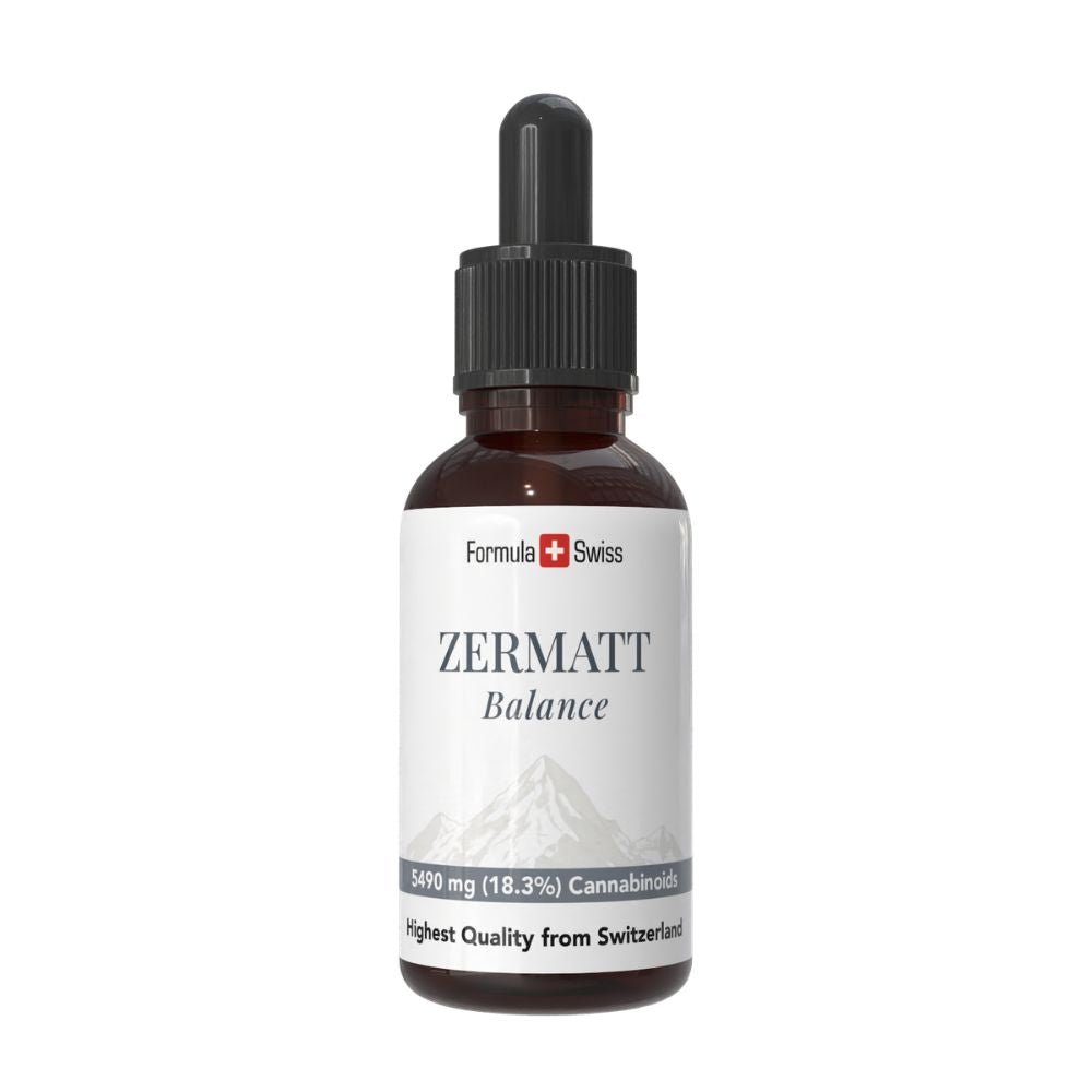 Bottle of Zermatt CBD oil with Formula Swiss branding on a white background