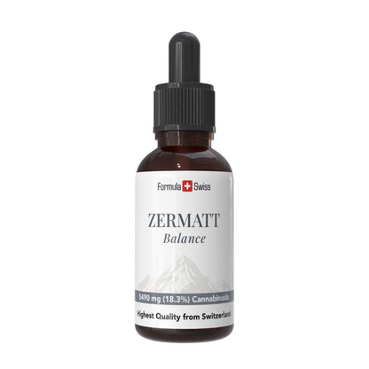 Bottle of Zermatt CBD oil with Formula Swiss branding on a white background