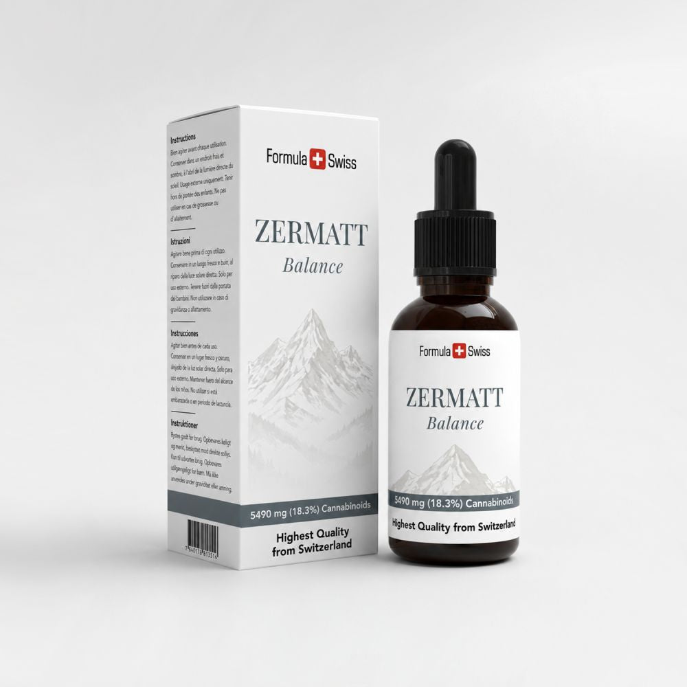 Zermatt Balance cannabis product packaging with bottle and box on a light grey background